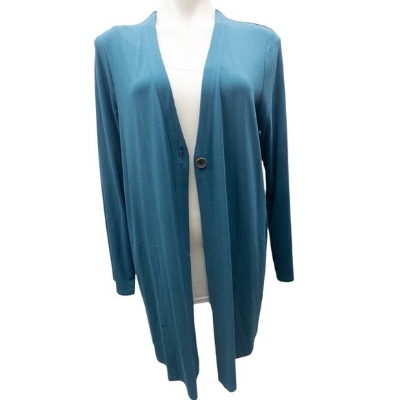 J.Jill Knit Cardigan One Button V-Neck Stretchy Jacket Women's Large Teal - Picture 1 of 5